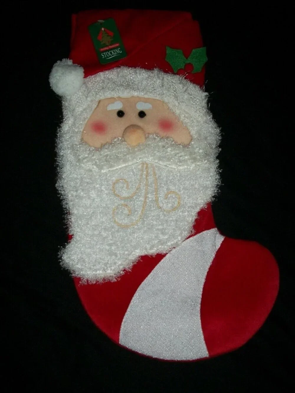 Red Textured Santa Christmas Stocking Holiday Decoration 3D Hollly Berry Beard
